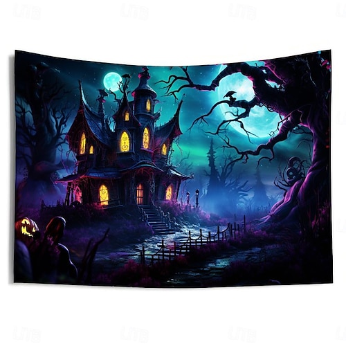  decorações de halloween casa caçada tapeçaria de luz negra uv reativa brilha no escuro cemitério enevoado tapeçaria pendurada arte de parede mural para sala de estar quarto