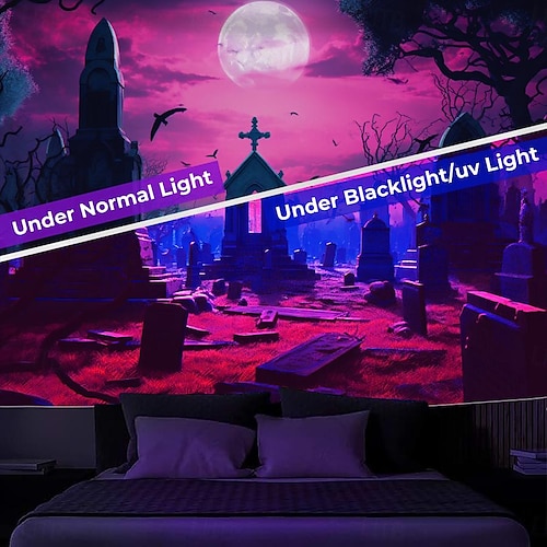  Halloween lebky černý světelný tapisérie UV reaktivní svítí ve tmě mlhavý hřbitov visící tapisérie nástěnné umění nástěnná malba do obývacího pokoje nebo ložnice