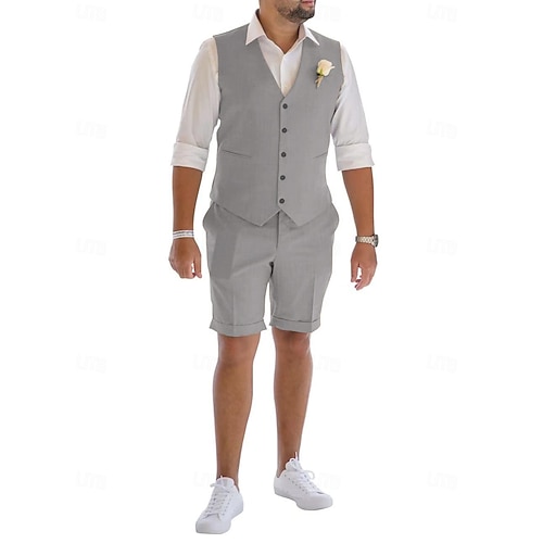  Men's Linen Suits Wedding Shorts Waistcoat Beach Summer Solid Formal Light Blue Sky Blue Dark Navy Colored Causal 2 Piece Tailored Fit