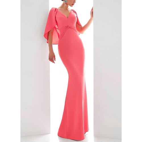 Abito Elegante a Sheath per Serata Abito Formale Autunnale Lunghezza Totale Manica Corto Collo a V Chiffon Stretch con Rouches Arricciati 2025