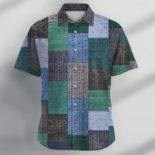  Hombre Geométrico Diseño Geométrico Camisa Abotonar la camisa Manga Corta Vintage Moda informal Vacaciones Diario Verano Cuello Vuelto Camisas con cuello Botones Estampado Negro Azul Piscina