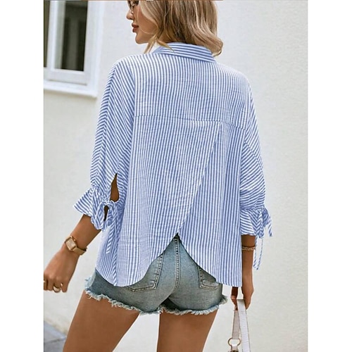 Per donna Camicia Asimmetrico A righe Elegante Moderno Manica 3/4 Manica a Balze Colletto a Camicia Lavoro Blu Verde Estate Primavera Autunno