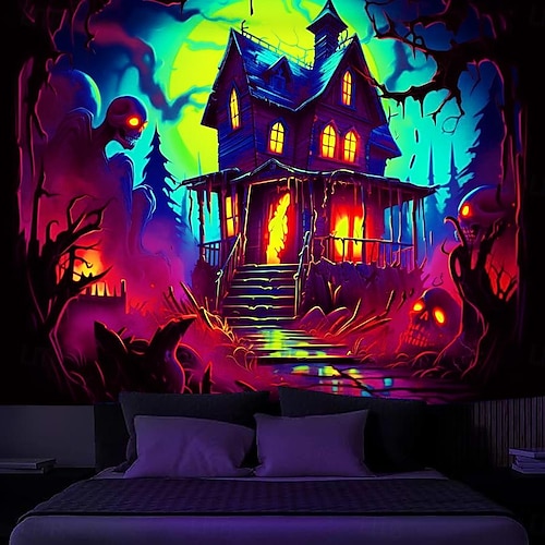  decorações de halloween casa caçada tapeçaria de luz negra uv reativa brilha no escuro cemitério enevoado tapeçaria pendurada arte de parede mural para sala de estar quarto