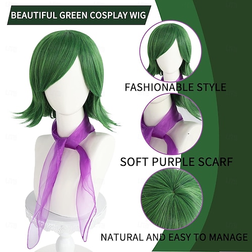  Peruca de Disgust de Inside Out 2 Peruca Curta Verde para Mulheres Peruca Bob Verde com Franjas Cabelo Sintético Estilizado para Fantasia de Carnaval e Festa (Apenas Perucas) Perucas de Halloween