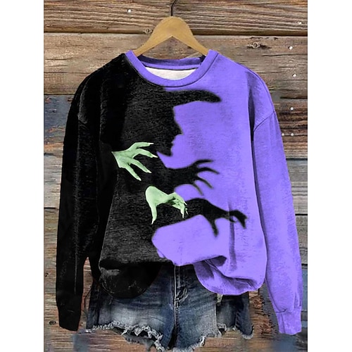  Femme T shirt Tee Bloc de couleur Imprimer Halloween du quotidien Décontractées manche longue Col Ras du Cou Violet Printemps Automne hiver