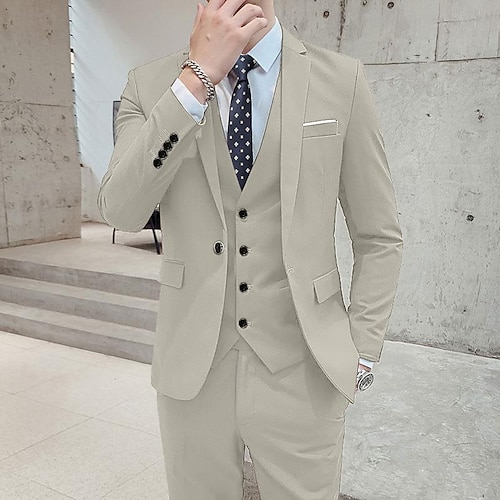 Heren Bruiloft Kostuums Inkeping Zwart Wit Effen Standaard pasvorm 3-delige set Enkele rij knopen met één knoop