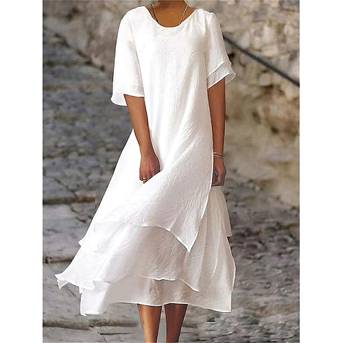 Vestido midi blanco y azul para mujer, para verano y primavera, informal, recto, para vacaciones, básico, moderno, para uso diario, holgado, liso, con cuello redondo.