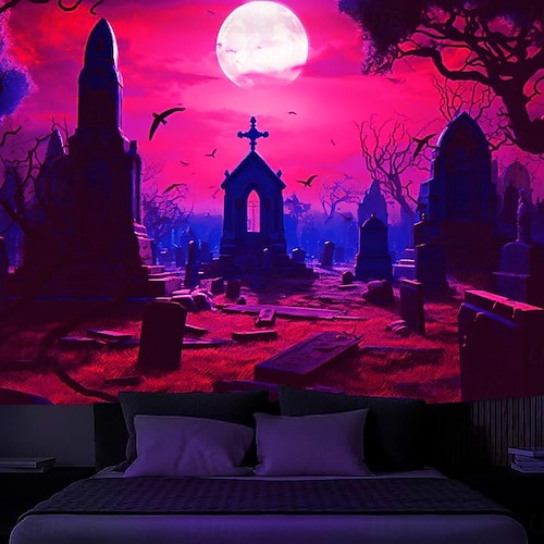  Halloween lebky černý světelný tapisérie UV reaktivní svítí ve tmě mlhavý hřbitov visící tapisérie nástěnné umění nástěnná malba do obývacího pokoje nebo ložnice