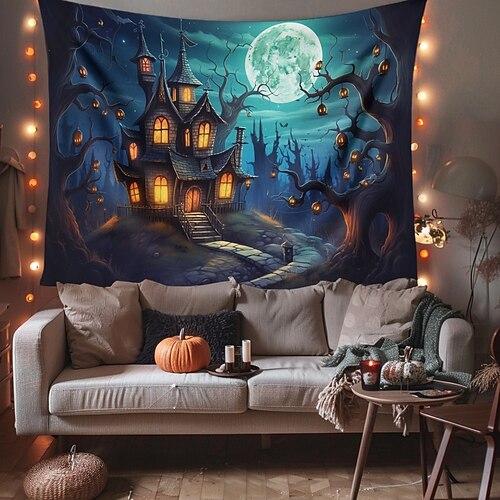  halloween dekorationer pumpa skog hängande gobeläng väggkonst stor gobeläng väggmålning dekor fotografi bakgrund filt gardin hem sovrum vardagsrum spökhus