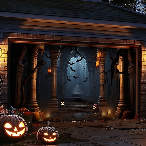  decorazioni per porte di Halloween, copertura per porta da garage di Halloween, striscione per esterni con zucca, porta vintage spaventosa, grande fondale, decorazione per le vacanze, porta da garage