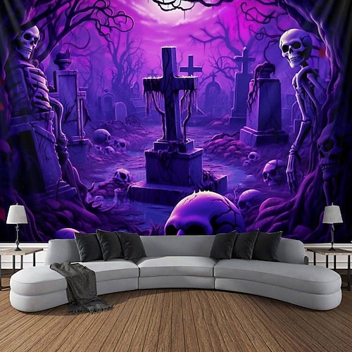  Halloween lebky černý světelný tapisérie UV reaktivní svítí ve tmě mlhavý hřbitov visící tapisérie nástěnné umění nástěnná malba do obývacího pokoje nebo ložnice