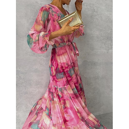  Women's Long Dress Maxi Dress Chiffon Dress A Line Dress Elegant Formal Party Wedding Guest Daily Regular Fit Floral Long Sleeve V Neck Fuchsia Summer