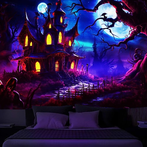  decorações de halloween casa caçada tapeçaria de luz negra uv reativa brilha no escuro cemitério enevoado tapeçaria pendurada arte de parede mural para sala de estar quarto