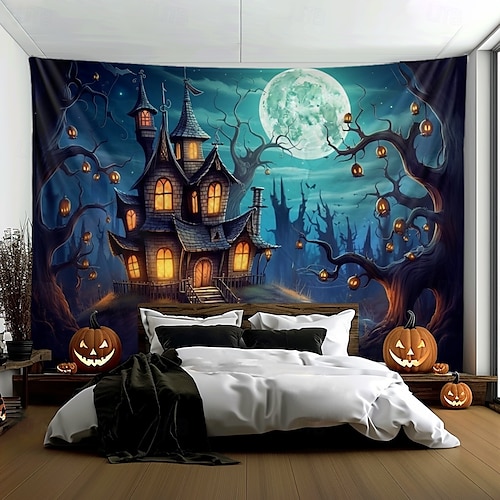  halloween dekorationer pumpa skog hängande gobeläng väggkonst stor gobeläng väggmålning dekor fotografi bakgrund filt gardin hem sovrum vardagsrum spökhus