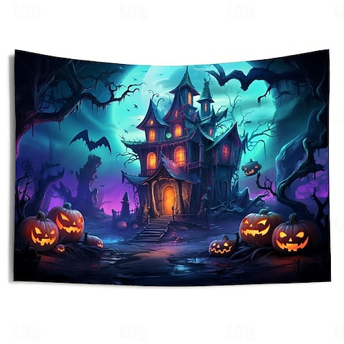  decorações de halloween casa caçada tapeçaria de luz negra uv reativa brilha no escuro cemitério enevoado tapeçaria pendurada arte de parede mural para sala de estar quarto