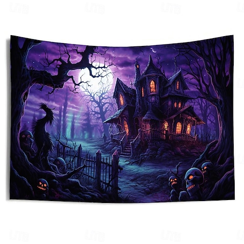  decorações de halloween casa caçada tapeçaria de luz negra uv reativa brilha no escuro cemitério enevoado tapeçaria pendurada arte de parede mural para sala de estar quarto
