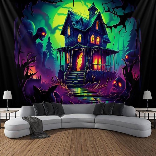  decorações de halloween casa caçada tapeçaria de luz negra uv reativa brilha no escuro cemitério enevoado tapeçaria pendurada arte de parede mural para sala de estar quarto