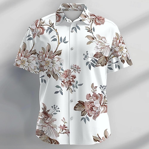  Voor heren roze Bloemig Tropische bloemen Overhemd Hawaiiaans overhemd Overhemd met knopen Korte mouw Overhemd Strijkijzer Overhemden met kraag Casual Strandstijl Vakantie Causaal Avond Feest Wit