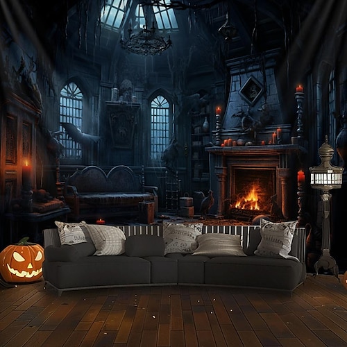  halloween dekorationer jagat hus hängande gobeläng väggkonst stor gobeläng väggmålning dekor fotografi bakgrund filt gardin hem sovrum vardagsrum
