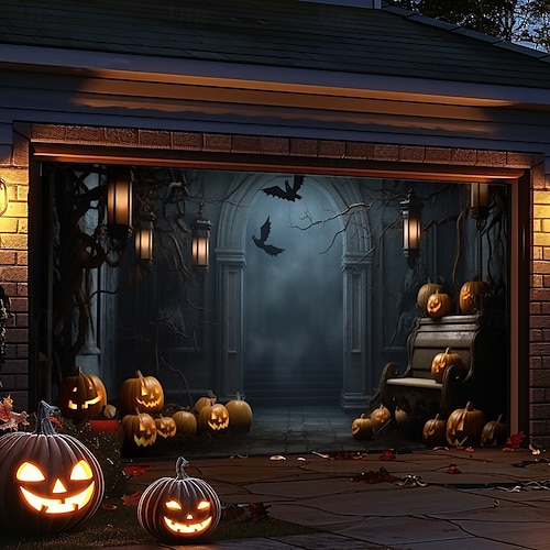  decorazioni per porte di Halloween, copertura per porta da garage di Halloween, striscione per esterni con zucca, porta vintage spaventosa, grande fondale, decorazione per le vacanze, porta da garage