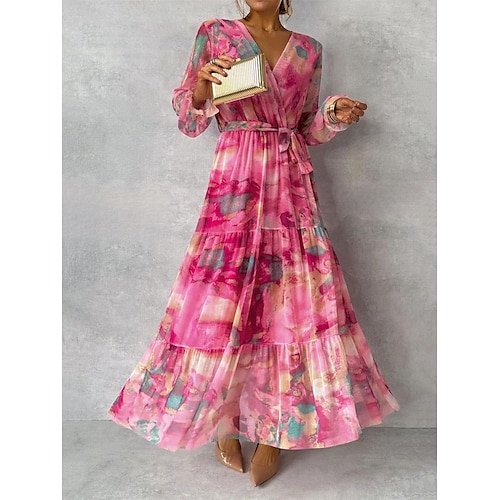  Women's Long Dress Maxi Dress Chiffon Dress A Line Dress Elegant Formal Party Wedding Guest Daily Regular Fit Floral Long Sleeve V Neck Fuchsia Summer
