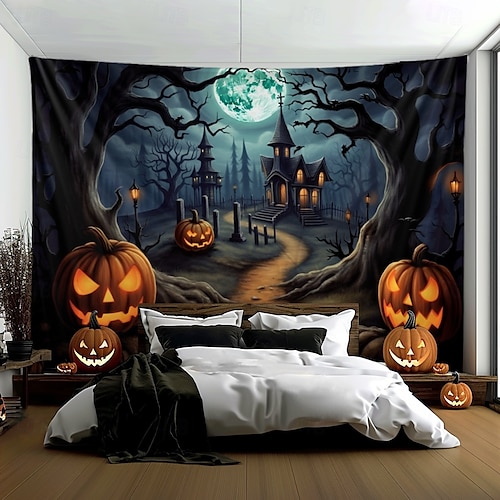  halloween dekorationer pumpa skog hängande gobeläng väggkonst stor gobeläng väggmålning dekor fotografi bakgrund filt gardin hem sovrum vardagsrum spökhus