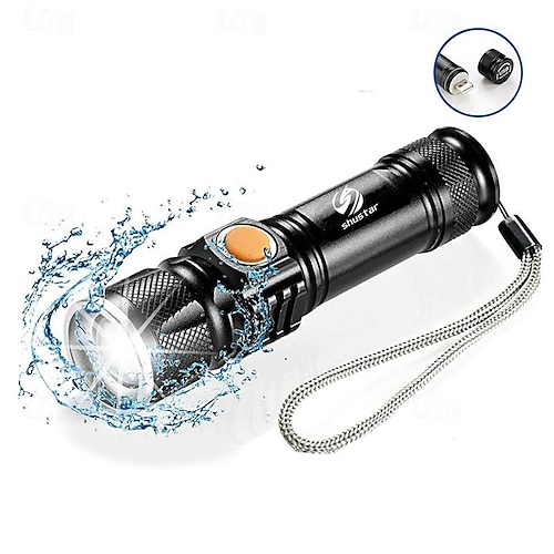  Super bright Rechargeable LED Flashlight With Tail USB Charging Head Zoomable waterproof Torch Portable light 3 Lighting modes Built-in battery