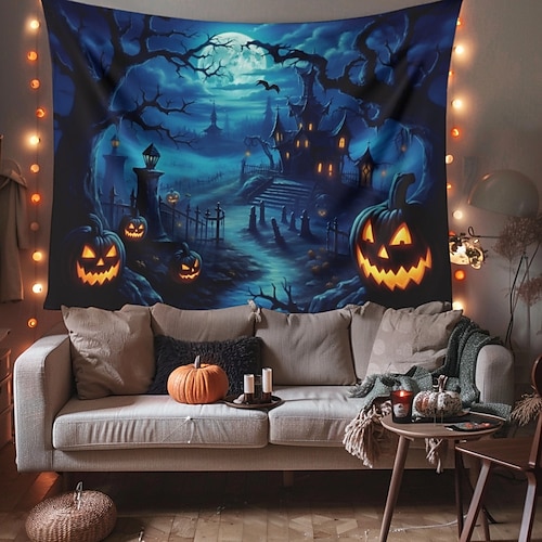  halloween dekorationer pumpa skog hängande gobeläng väggkonst stor gobeläng väggmålning dekor fotografi bakgrund filt gardin hem sovrum vardagsrum spökhus