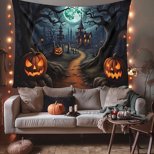  halloween dekorationer pumpa skog hängande gobeläng väggkonst stor gobeläng väggmålning dekor fotografi bakgrund filt gardin hem sovrum vardagsrum spökhus