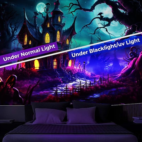  decorações de halloween casa caçada tapeçaria de luz negra uv reativa brilha no escuro cemitério enevoado tapeçaria pendurada arte de parede mural para sala de estar quarto