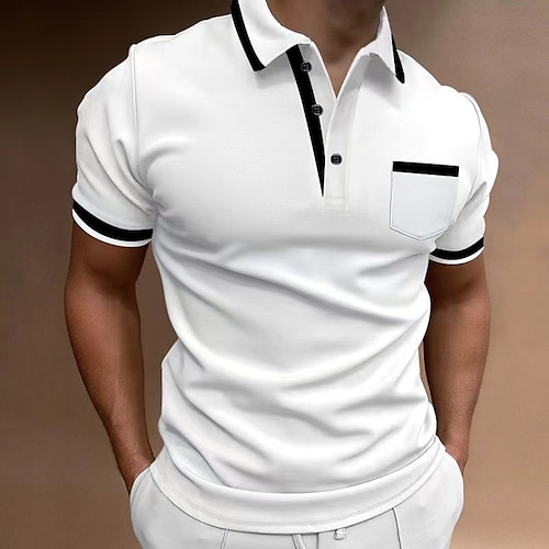 

Men's Polo Shirt Golf Shirt Casual Sports Lapel Short Sleeve Fashion Basic Color Block Patchwork Front Pocket Summer Regular Fit White Red Navy Blue Blue Gray Polo Shirt