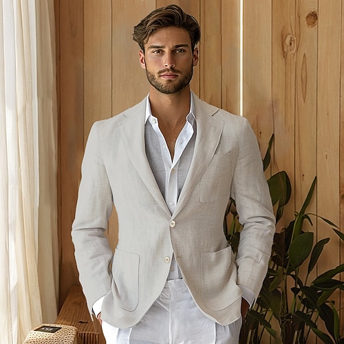 

Men's 100% Linen Blazer Suits Outdoor Pocket Spring Blue Linen Jacket & Fall 100% Linen Solid Color Button Pocket Single Breasted Blazer Blue Beige