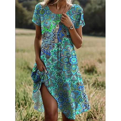 

Women's Polyester Ditsy Floral Print Crew Neck Mini Dress Stylish Casual Daily Short Sleeve Summer