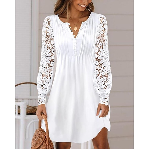 

Women's White Dress Mini Dress Lace Button Date Vacation Elegant Split Neck Long Sleeve Lantern Sleeve Black White Red Color