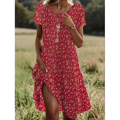 

Women's Ditsy Floral Print Crew Neck Mini Dress Stylish Casual Daily Short Sleeve Summer