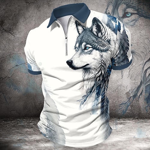 

dier Wolf Vintage Sportkleding Abstract Voor heren Polo met rits Korte mouw Formeel Werk Straat Lente zomer 3D Afdrukken Strijkijzer Wit Micro-elastisch Polyester