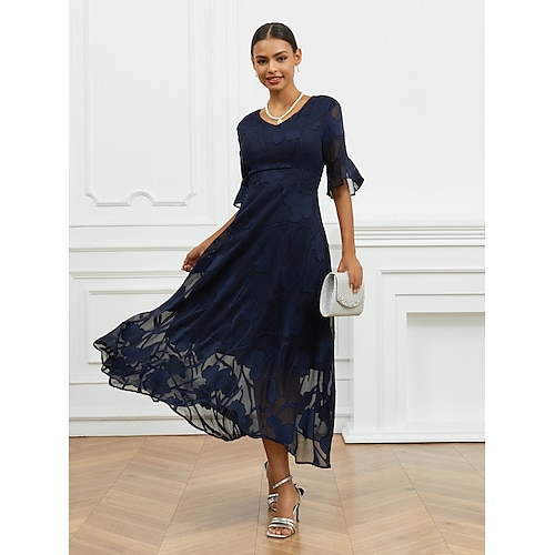 

Women's Wedding Guest Cocktail Dress Maxi Dress Lace Ruffle Party Elegant Formal V Neck Half Sleeve Flutter Sleeve Dark Blue Color