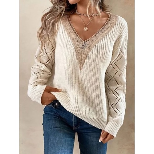 

Women's Pullover Sweater Jumper V Neck Ribbed Knit Lace Spring Fall Daily Elegant Long Sleeve Solid Color Black White