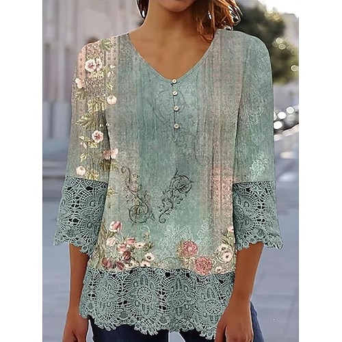 

Women's Tunic Ombre Floral Lace Button Daily Stylish Casual 3/4 Length Sleeve V Neck Black Summer Spring