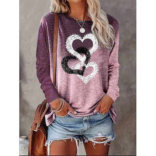 

Women's T shirt Tee Print Daily Casual Long Sleeve Crew Neck Purple Spring Fall