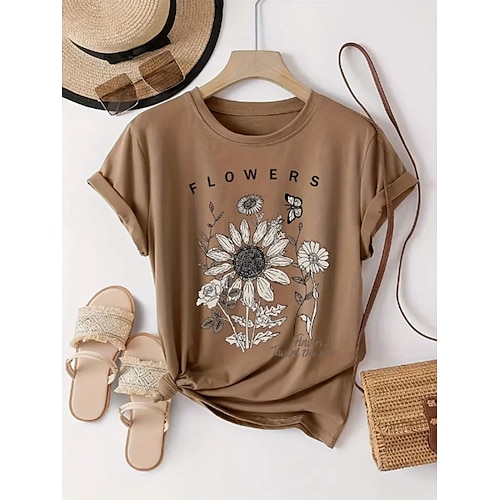 

Women's T shirt Tee 100% Cotton Print Daily Weekend Fashion Basic Short Sleeve Crew Neck Pink Summer