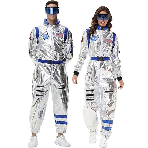 

Couples Astronaut Costume Jumpsuit Halloween Group Couples Costumes Silver Space Suit for Men Women with Embroidered Patches