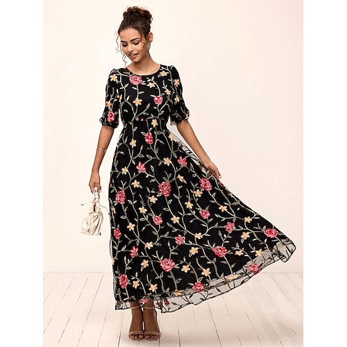 

Women's Mesh Black Dress Floral Embroidered Crew Neck Puff Sleeve Maxi Dress Elegant Stylish Daily Vacation Short Sleeve Summer
