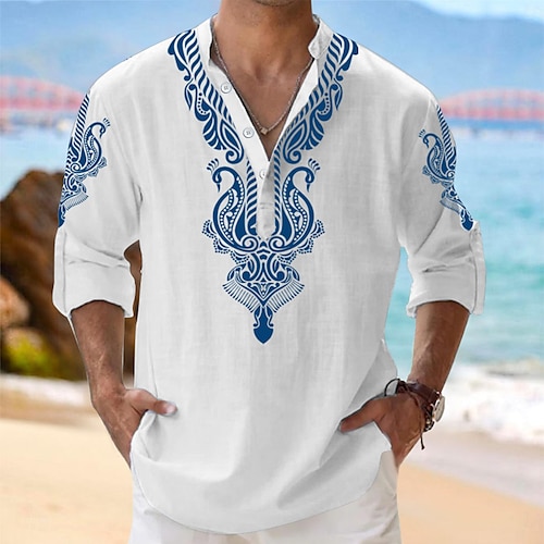 

Tribal Fashion Casual Men's Shirt Henley Shirt Causal Vacation Beach Wear Summer Spring & Fall Mandarin Collar Band Collar Long Sleeve White, Blue, Green S, M, L Polyester Shirt