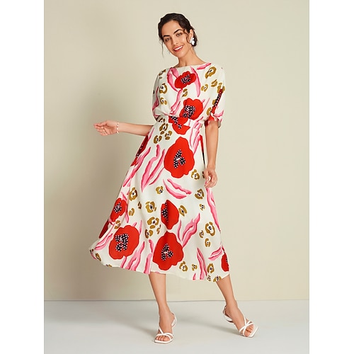 

Mulheres Vestido estampado Vestido midi Vermelho Meia Manga Floral Cintura elástica Estampado Verão Decote Canoa Elegante XS S M