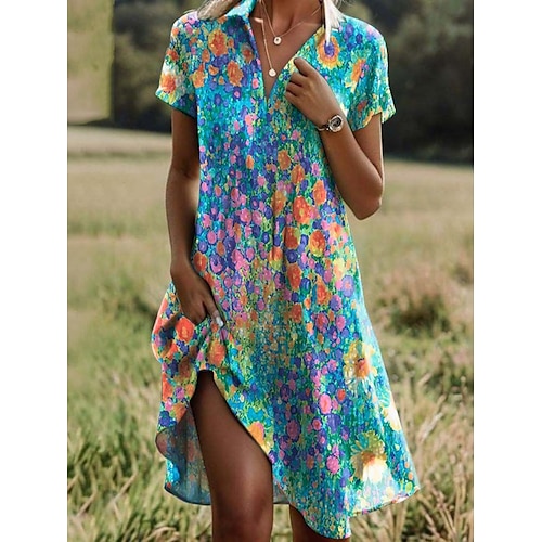 

Women's Ditsy Floral Lapel Long Dress Maxi Dress Short Sleeve Summer Spring