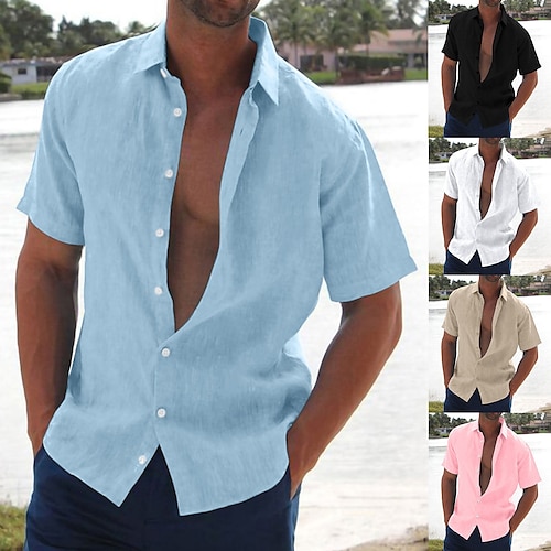 

Men's Linen Shirt Summer Shirt Beach Wear Button Up Shirt Black White Blue Green Short Sleeve Solid Color Turndown Summer Hawaiian Holiday Clothing Apparel Button-Down