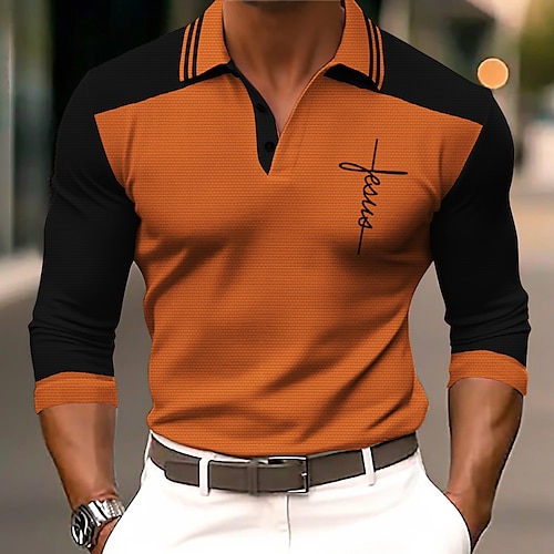 

Faith Sportswear Business Casual Men's Polo Shirt Long Sleeve Party Outdoor Office Fall & Winter Print Turndown Blue Purple Orange Polyester