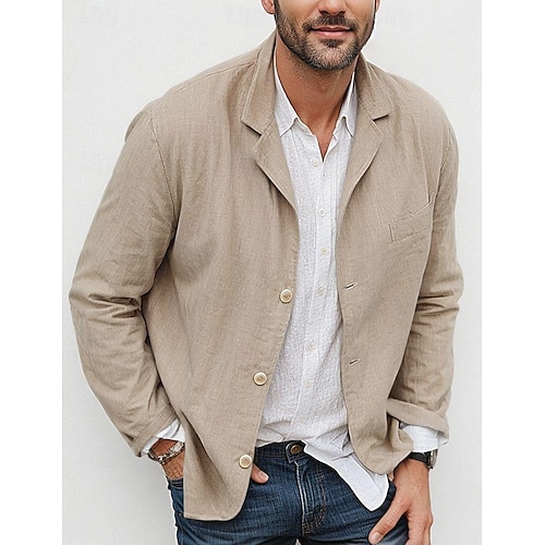 

Men's Lightweight Jacket Blazer Jacket Formal Office Spring & Summer Cotton And Linen Solid Color Comfy Single Breasted Blazer Light Green Navy Blue Brown khaki