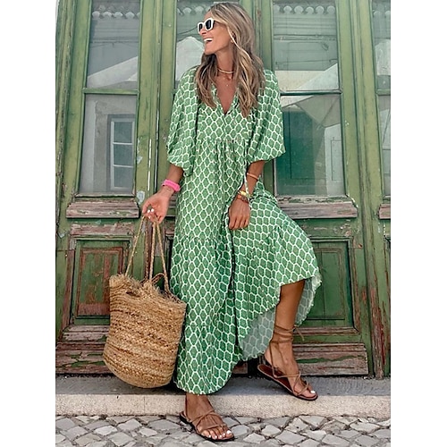 

Women's Geometric Print V Neck Lantern Sleeve Maxi Dress Casual Daily Vacation 3/4 Length Sleeve Summer Spring